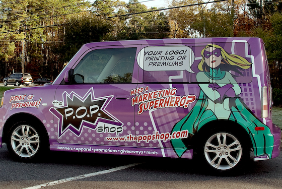 Post image for purple Scion XB wrap heralds marketing superheroes